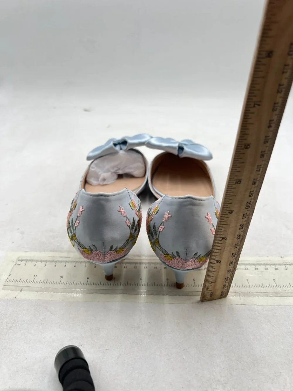 XYD Light Blue Floral Satin Pointed Toe Kitten Heel with Bow